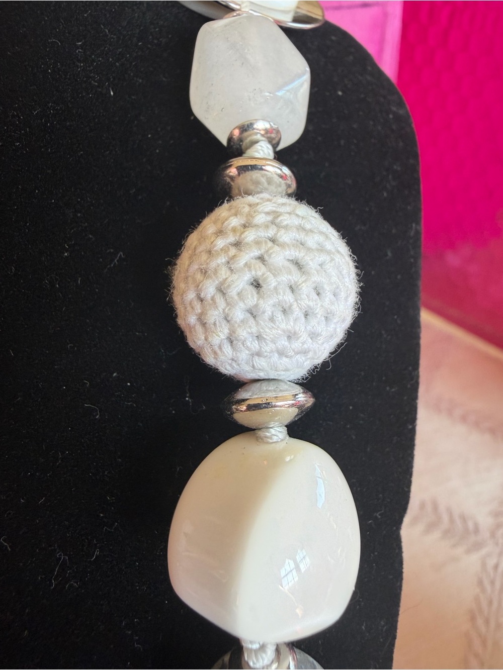 Chico’s Long White Mixed Bead Statement Necklace EUC - Picture 6 of 8